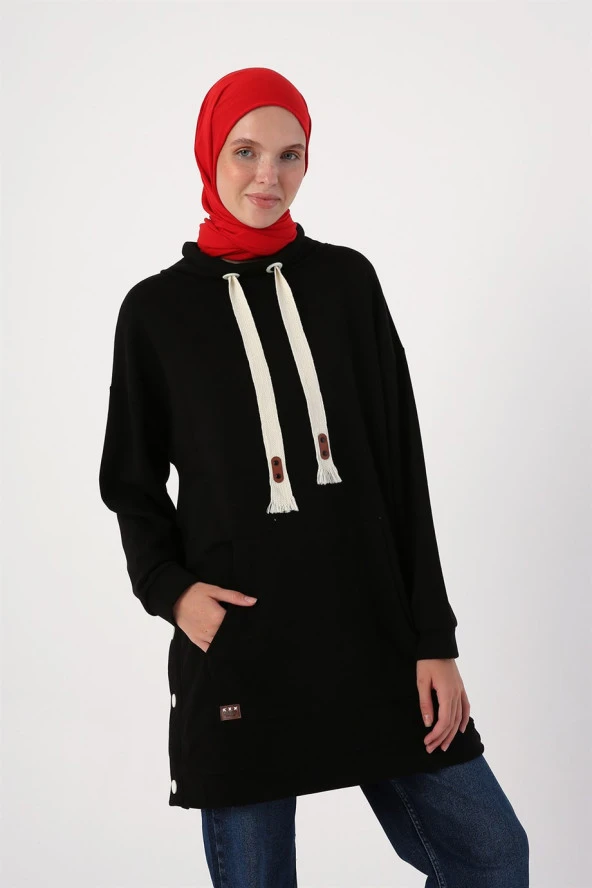 Oversize Geniş Yakalı Çıtçıtlı Yırtmaçlı Sweat Tunik - Resim 10