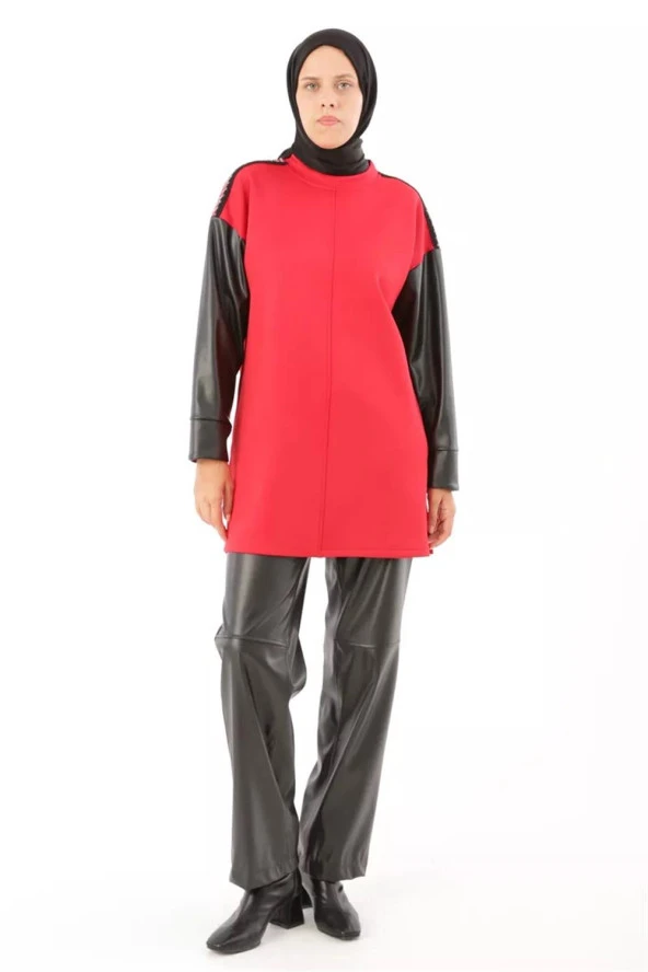 Kolları Deri Garnili Scuba Sweat Tunik-SYG50208Kırmızı - 2