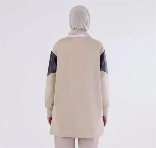 Deri Garnili Metal Halkalı Scuba Sweat Tunik 50198Ekru - Resim 4