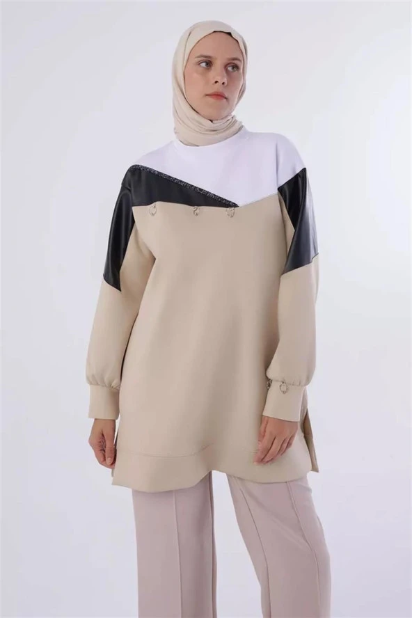Deri Garnili Metal Halkalı Scuba Sweat Tunik 50198Ekru - Resim 5