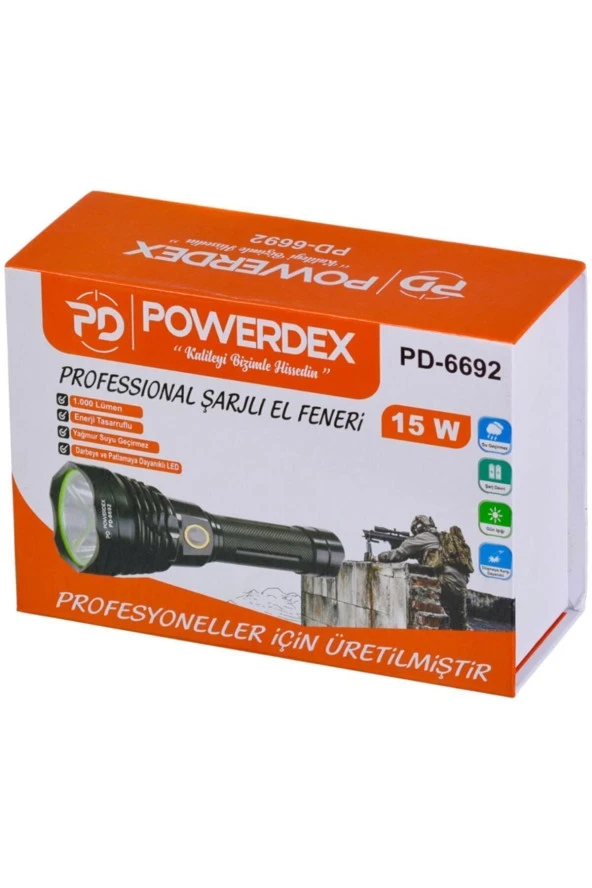 powerdex 15w Led 'li Yağmur Suyu Geçirmez Şarjlı Ve Pilli El Feneri Pd-6692 - 6