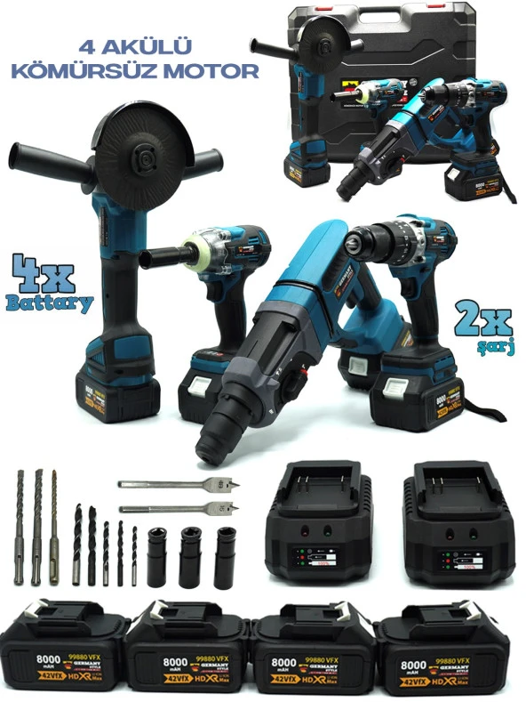 Germany Style GRM99890VFX 4'lü Set 2-26 Şarjlı Kırıcı -Şarjlı Taşlama-13mm Şarjlı Darbeli Matkap-Şa