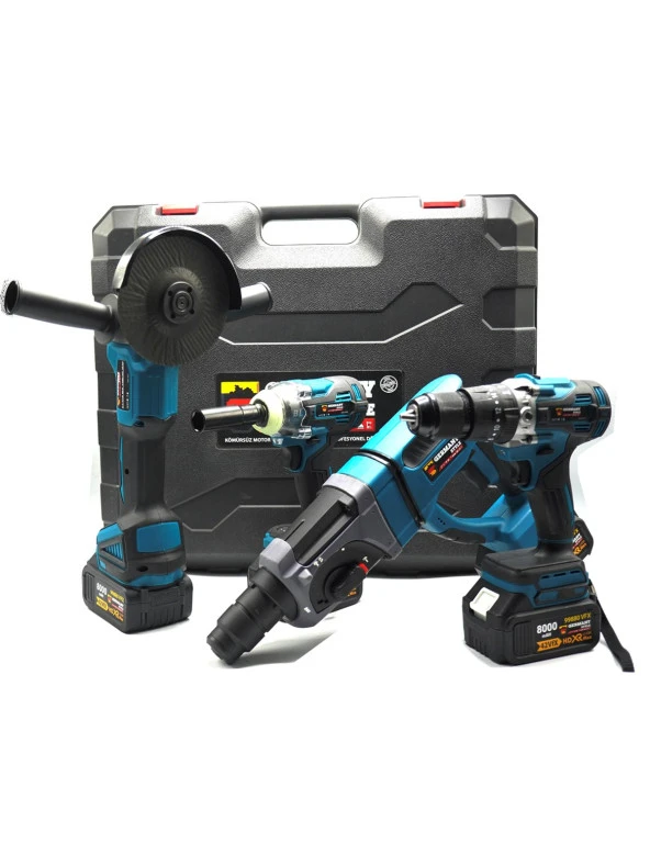 Germany Style GRM99890VFX 4'lü Set 2-26 Şarjlı Kırıcı -Şarjlı Taşlama-13mm Şarjlı Darbeli Matkap-Şa - 6