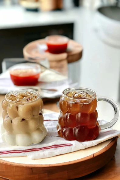 2'li Şekilli Boncuk Bardak Meşrubat Üzüm Tanesi Sunum Bardağı Kulplu ve Kulpsuz Retro Cam Bardak ürün görseli 1