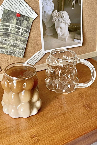 2'li Şekilli Boncuk Bardak Meşrubat Üzüm Tanesi Sunum Bardağı Kulplu ve Kulpsuz Retro Cam Bardak - Resim 3