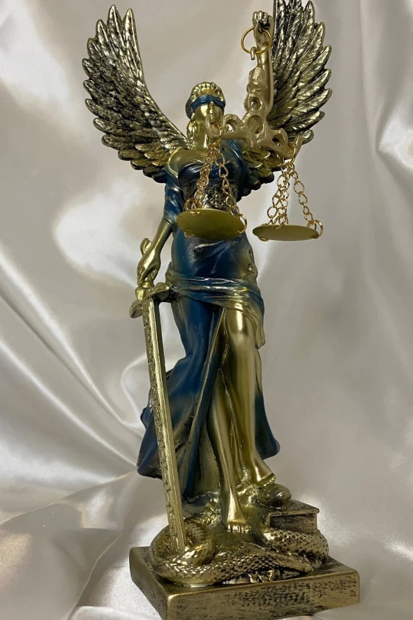 Avukat Adalet Kadın Heykeli Themis Terazi Kanatlı Gold Mavi - Resim 3