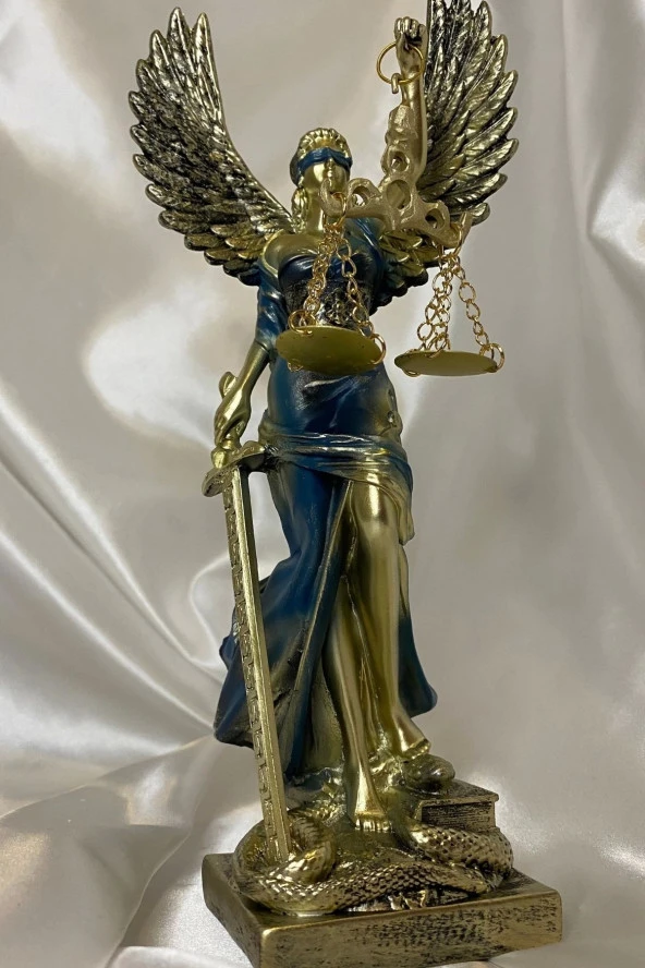 Avukat Adalet Kadın Heykeli Themis Terazi Kanatlı Gold Mavi - Resim 5