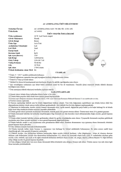 30W Torch Led Ampul 3200K (Amber Işık) - Resim 2