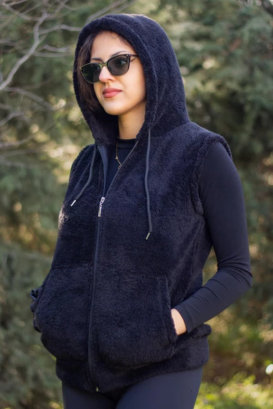 Kadın Siyah Peluş Yumoş Fermuarlı Kapüşonlu Yelek 22KYLKPELO - 3