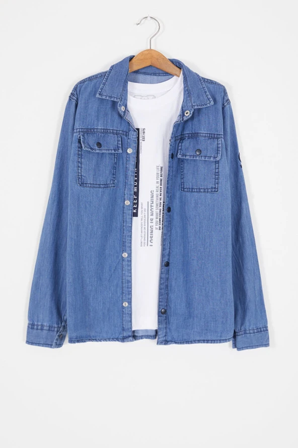 Mavi Şerit Yazılı Tişörtli Jean Gömlek Erkek Çocuk 2li Takım 17576