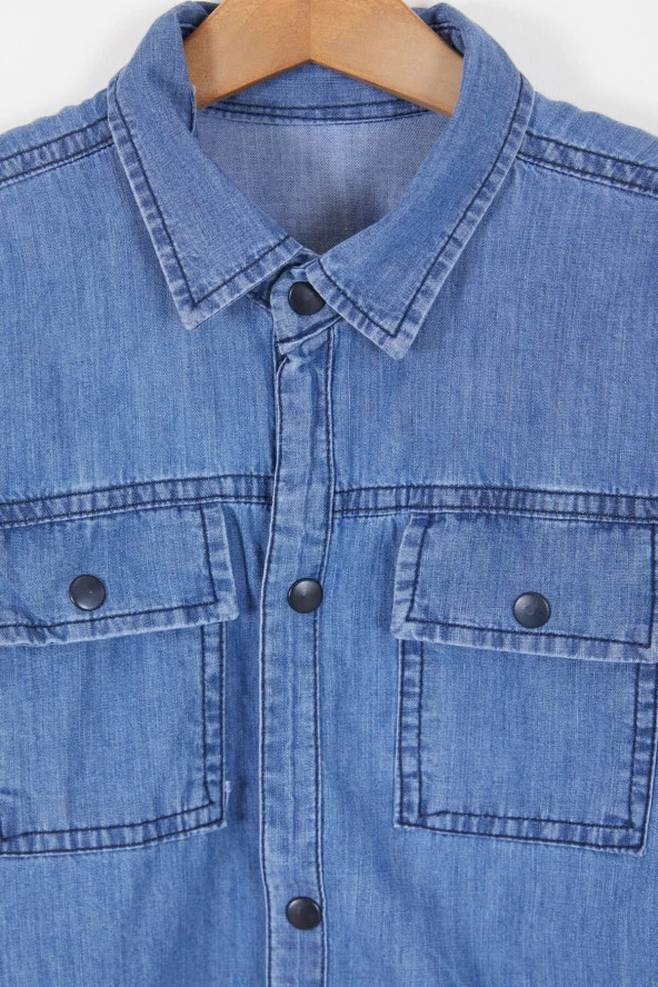 Mavi Şerit Yazılı Tişörtli Jean Gömlek Erkek Çocuk 2li Takım 17576 - 3