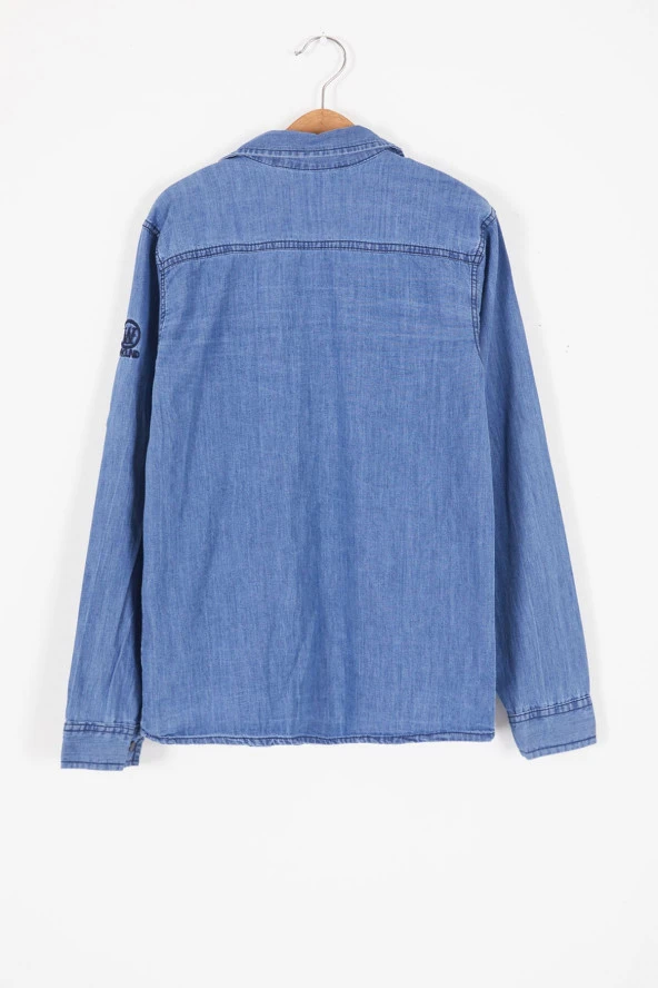 Mavi Şerit Yazılı Tişörtli Jean Gömlek Erkek Çocuk 2li Takım 17576 - 5