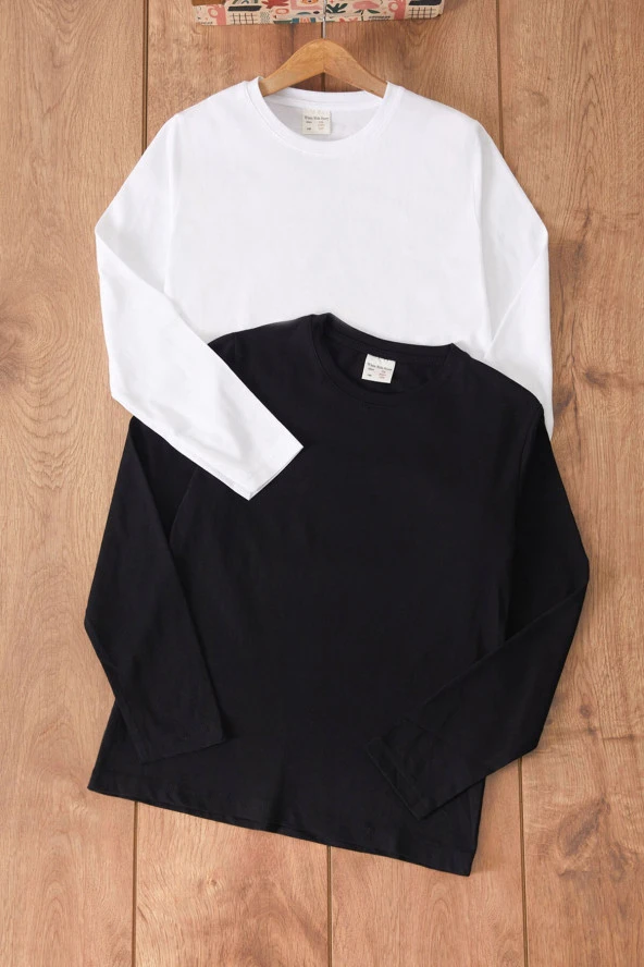 Siyah-Beyaz Uzun Kollu 2li Çocuk Düz Badi 17575 - 2