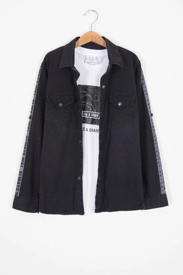 Siyah Shark Baskılı Jean Gömlekli T-shirt Erkek Çocuk 2li Takım 17574