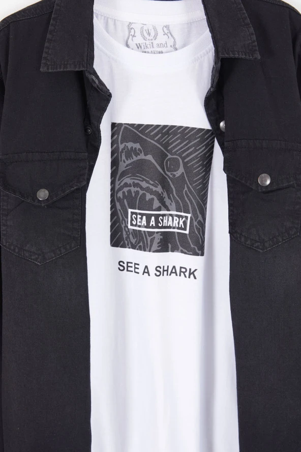 Siyah Shark Baskılı Jean Gömlekli T-shirt Erkek Çocuk 2li Takım 17574 - 2