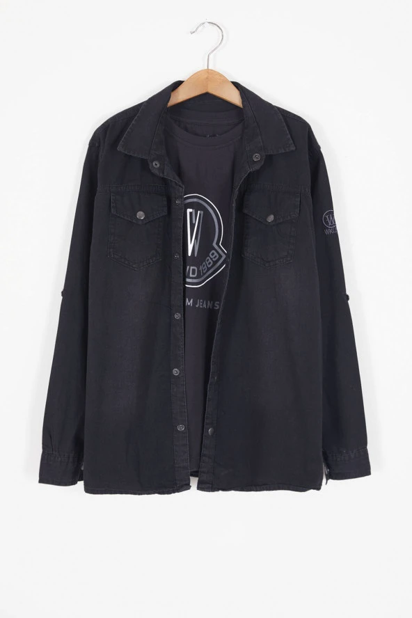 Siyah Logolu Tişörtlü Jean Gömlekli Erkek Çocuk 2li Takım 17572