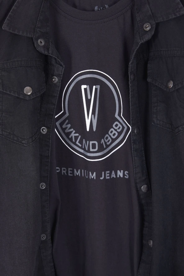 Siyah Logolu Tişörtlü Jean Gömlekli Erkek Çocuk 2li Takım 17572 - 2