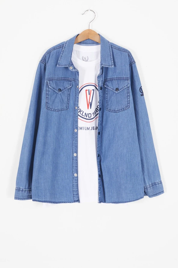 Mavi Logolu Tişörtlü Jean Gömlekli Erkek Çocuk 2li Takım 17570