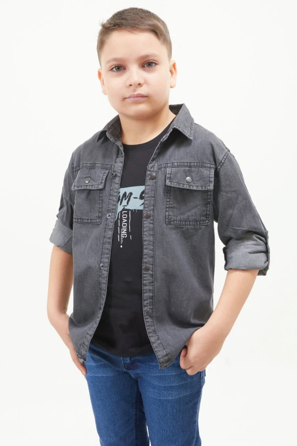 Füme Logolu Tişörtlü Jean Gömlekli Erkek Çocuk 2li Takım 17573 - 3