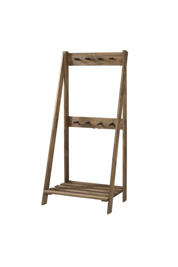 Kahverengi Doğal Ahşap Vestiyer Askılık Ayakkabılık 155x77x40 Cm - 2