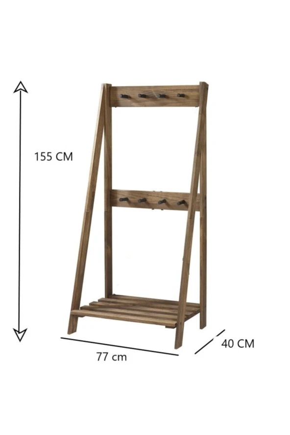 Kahverengi Doğal Ahşap Vestiyer Askılık Ayakkabılık 155x77x40 Cm - 4