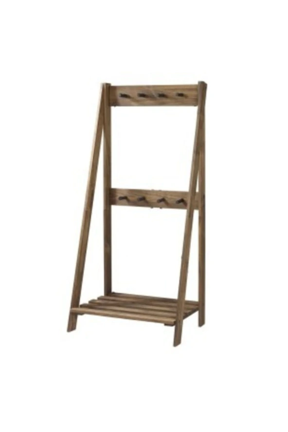 Kahverengi Doğal Ahşap Vestiyer Askılık Ayakkabılık 155x77x40 Cm
