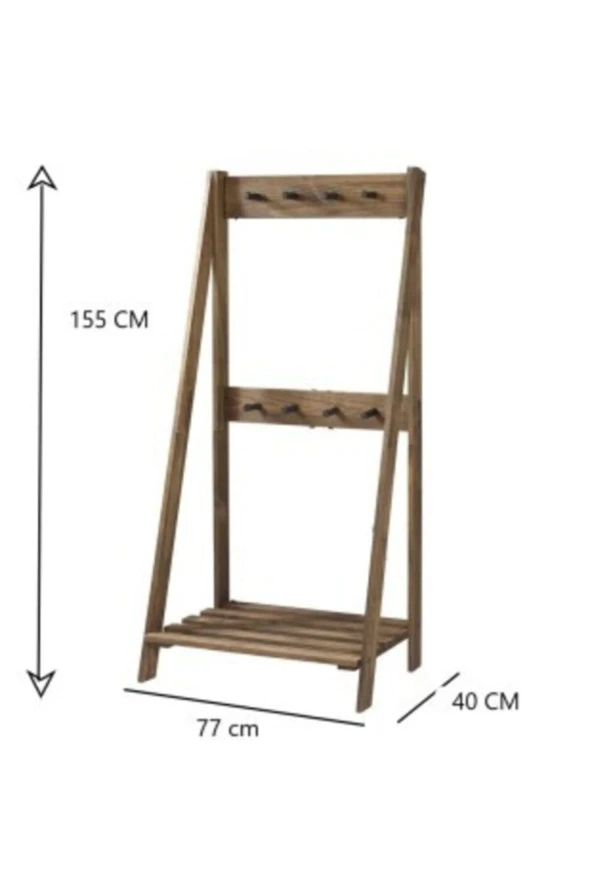 Kahverengi Doğal Ahşap Vestiyer Askılık Ayakkabılık 155x77x40 Cm - 2