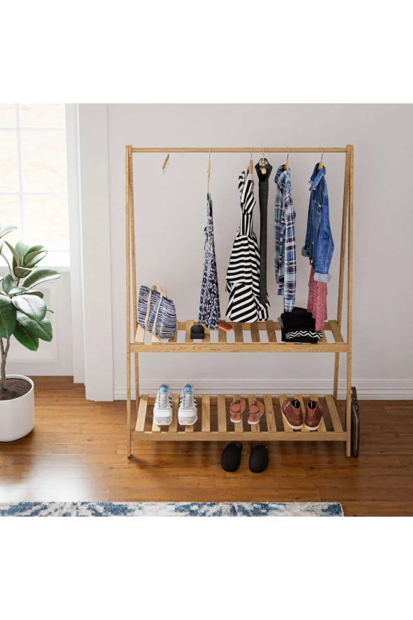 Pinoxi Doğal Ahşap Konfeksiyon Elbise Askılık Iki Raflı Ayaklı Askılık 148x106x38 cm Gardırop - 3