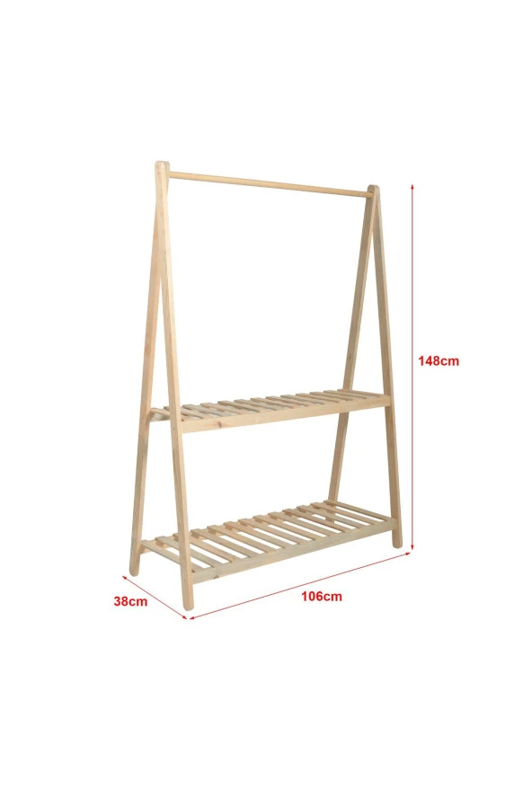 Doğal Ahşap Konfeksiyon Elbise Askılık Iki Raflı Ayaklı Askılık 148x106x38 Cm - 4