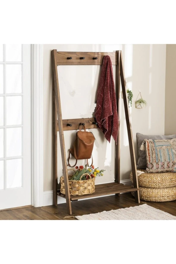 Kahverengi Doğal Ahşap Vestiyer Askılık Ayakkabılık 155x77x40 Cm - 3