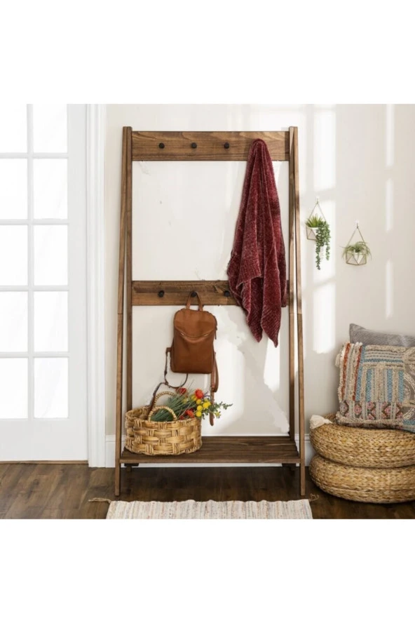 Kahverengi Doğal Ahşap Vestiyer Askılık Ayakkabılık 155x77x40 Cm - 4