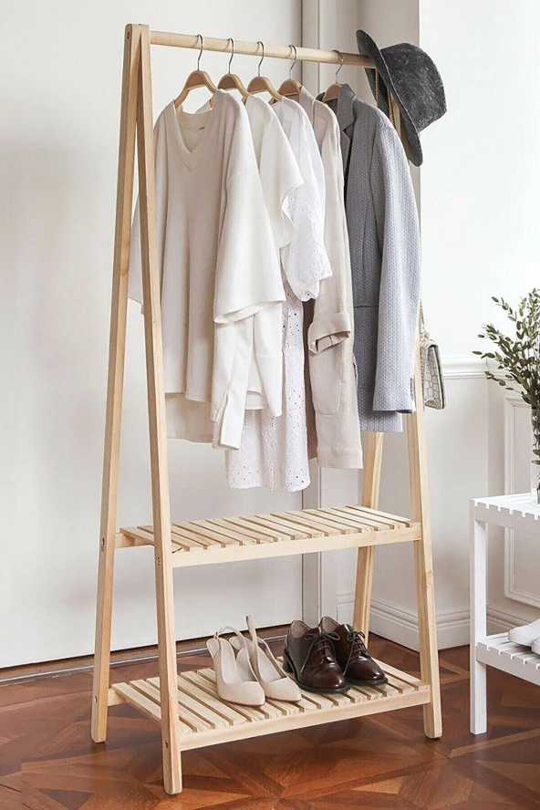 Pinoxi Doğal Ahşap Ayaklı Elbise Askılık Konfeksiyon Askılık Gardırop 148x66x38 Cm - 3