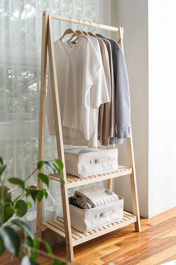 Pinoxi Doğal Ahşap Ayaklı Elbise Askılık Konfeksiyon Askılık Gardırop 148x66x38 Cm - 4