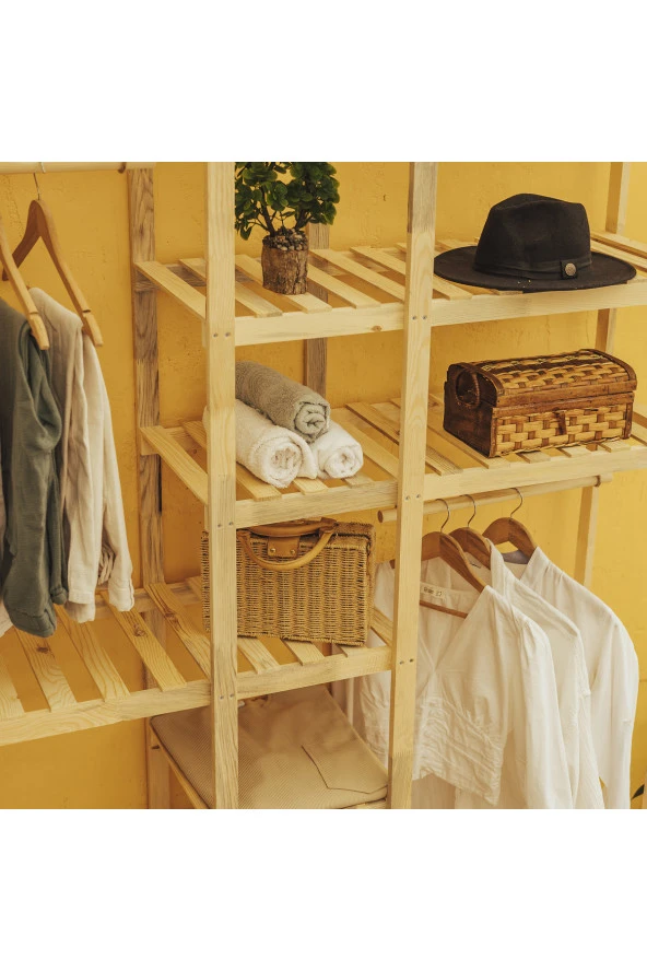 Pinoxi Ahşap Açık Gardırop 3 Askılı 190x150x37 Cm Çok Amaçlı Dolap 100 Masif Çam Ağaç - 2