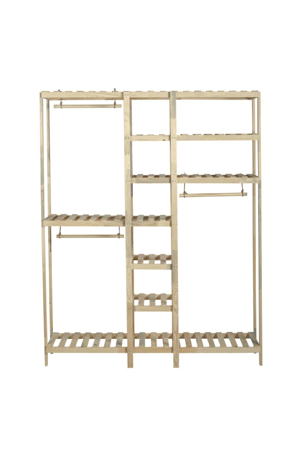Pinoxi Ahşap Açık Gardırop 3 Askılı 190x150x37 Cm Çok Amaçlı Dolap 100 Masif Çam Ağaç - 3