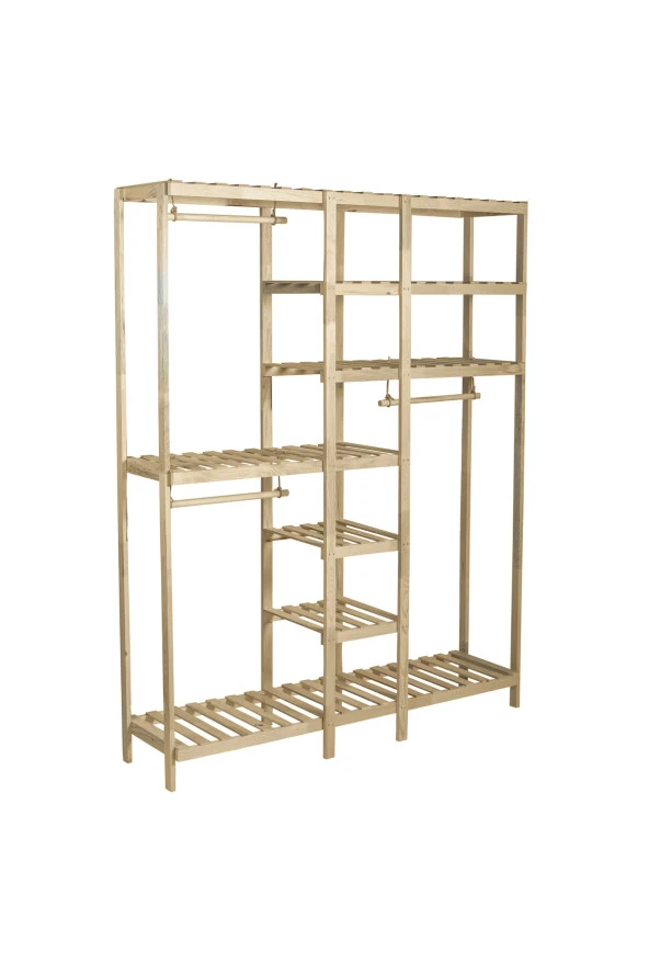 Pinoxi Ahşap Açık Gardırop 3 Askılı 190x150x37 Cm Çok Amaçlı Dolap 100 Masif Çam Ağaç - 4