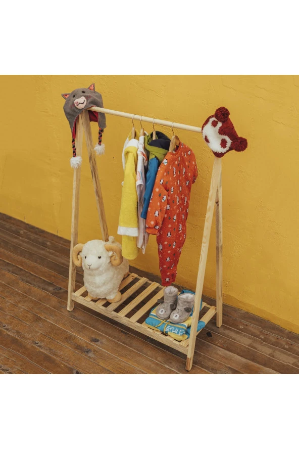 Ahşap Çocuk Askılık Dolap Gardırop Montessori Dolap 100 Çam - 2