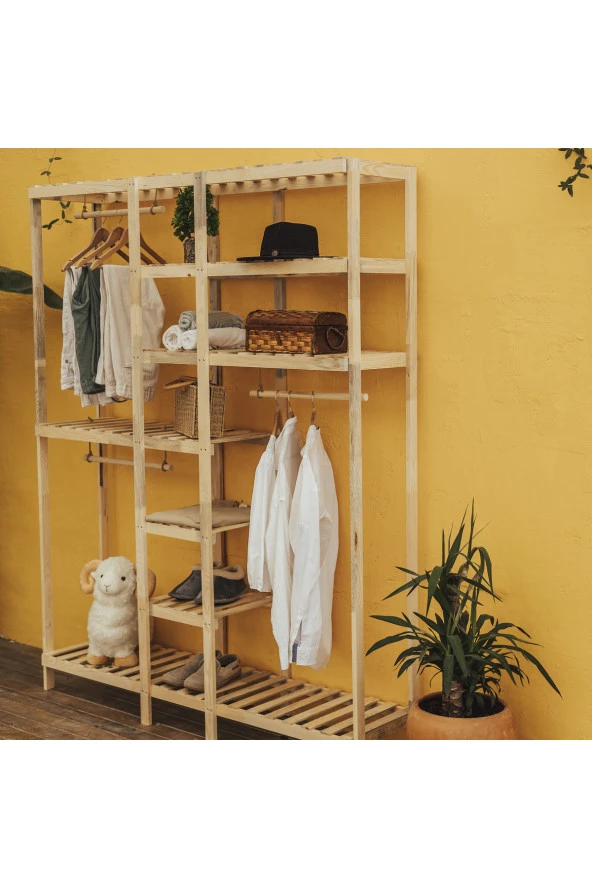 Pinoxi Ahşap Açık Gardırop 3 Askılı 190x150x37 Cm Çok Amaçlı Dolap 100 Masif Çam Ağaç - 5