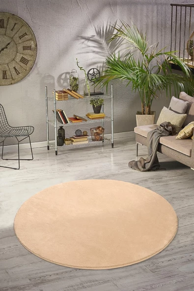 Yuvarlak Comfort Overloklu Vizon Peluş Halı ürün görseli 1