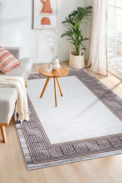 Eco Dijital Baskı Makinada Yıkanabilir Kaymaz Taban Dekoratif Halı Kahverengi 28320 - 1