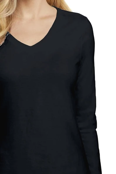 Hermevsim Esnek Pamuk Penye V Yaka Spor Basic Siyah Bluz - Resim 2