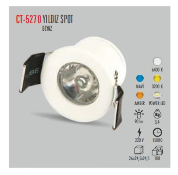 CT-5270 1,5W/3200K YILDIZ SPOT BEYAZ KASA (GÜNIŞIĞI) CATA