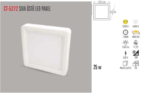 CT-5272 25W/3200K ALM. S.Ü LED ARMATÜR KARE (GÜNIŞIĞI)CATA