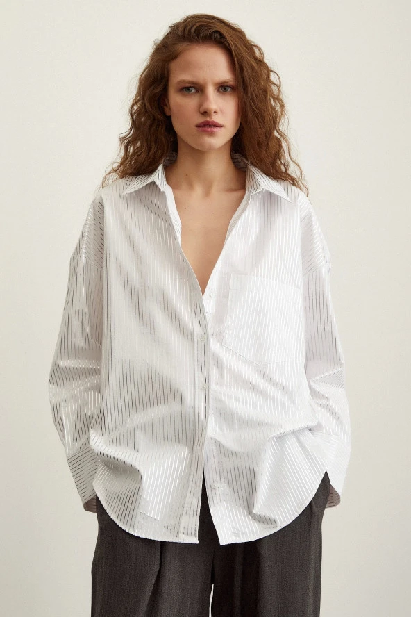 Pamuklu Çizgili Poplin Gömlek Beyaz - Resim 2