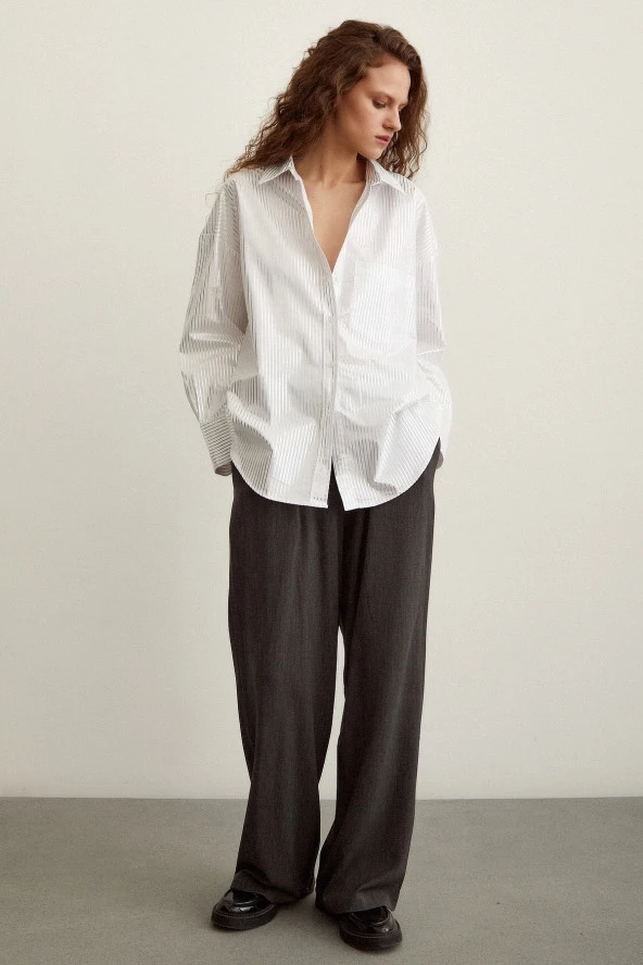 Pamuklu Çizgili Poplin Gömlek Beyaz - Resim 4