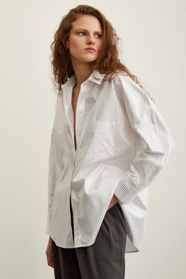 Pamuklu Çizgili Poplin Gömlek Beyaz - Resim 5