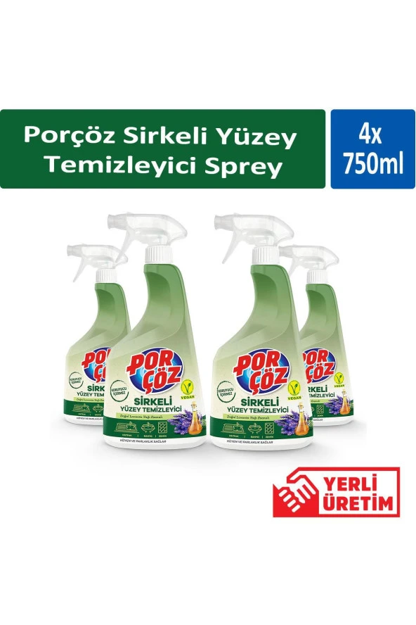 Porçöz Sirkeli Yüzey Temizleyici Sprey 750 ml x 4 Adet