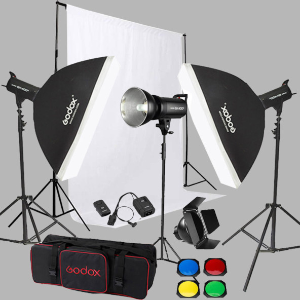 Godox SK400 3'lü Paraflaş Set + Seyyar Fon Perde 3x3 Metre