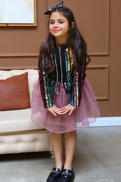 Kız Çocuk Pulpayet Detaylı Ceket ve Kabarık Tüllü Pembe Etekli Takım - Resim 12