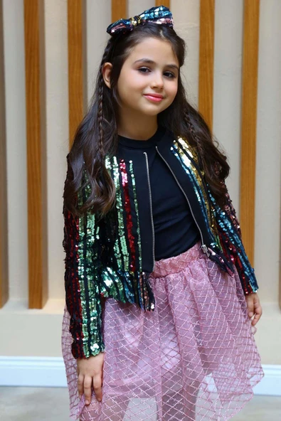 Kız Çocuk Pulpayet Detaylı Ceket ve Kabarık Tüllü Pembe Etekli Takım - Resim 11